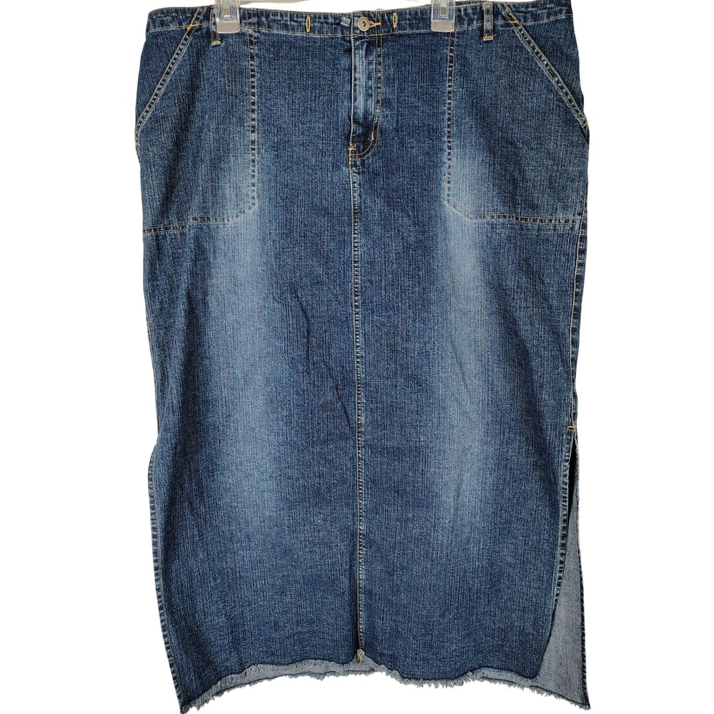 Venezia Jeans Denim Maxi Skirt Size 20 Medium Wash Raw Hem Side Slits Y2K Boho